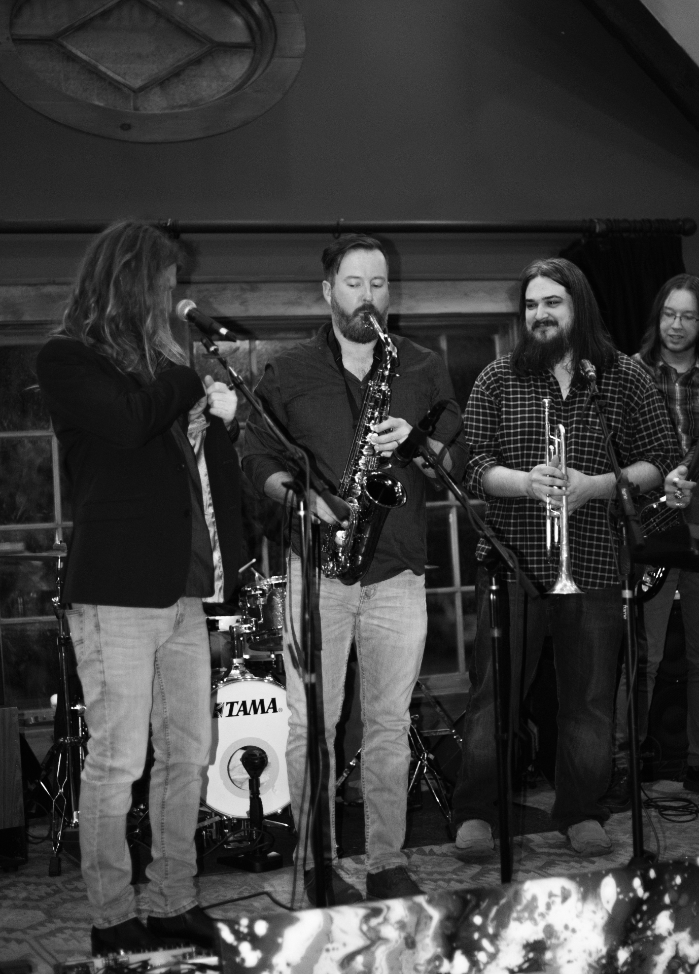 Sax and trumpet section, black and white